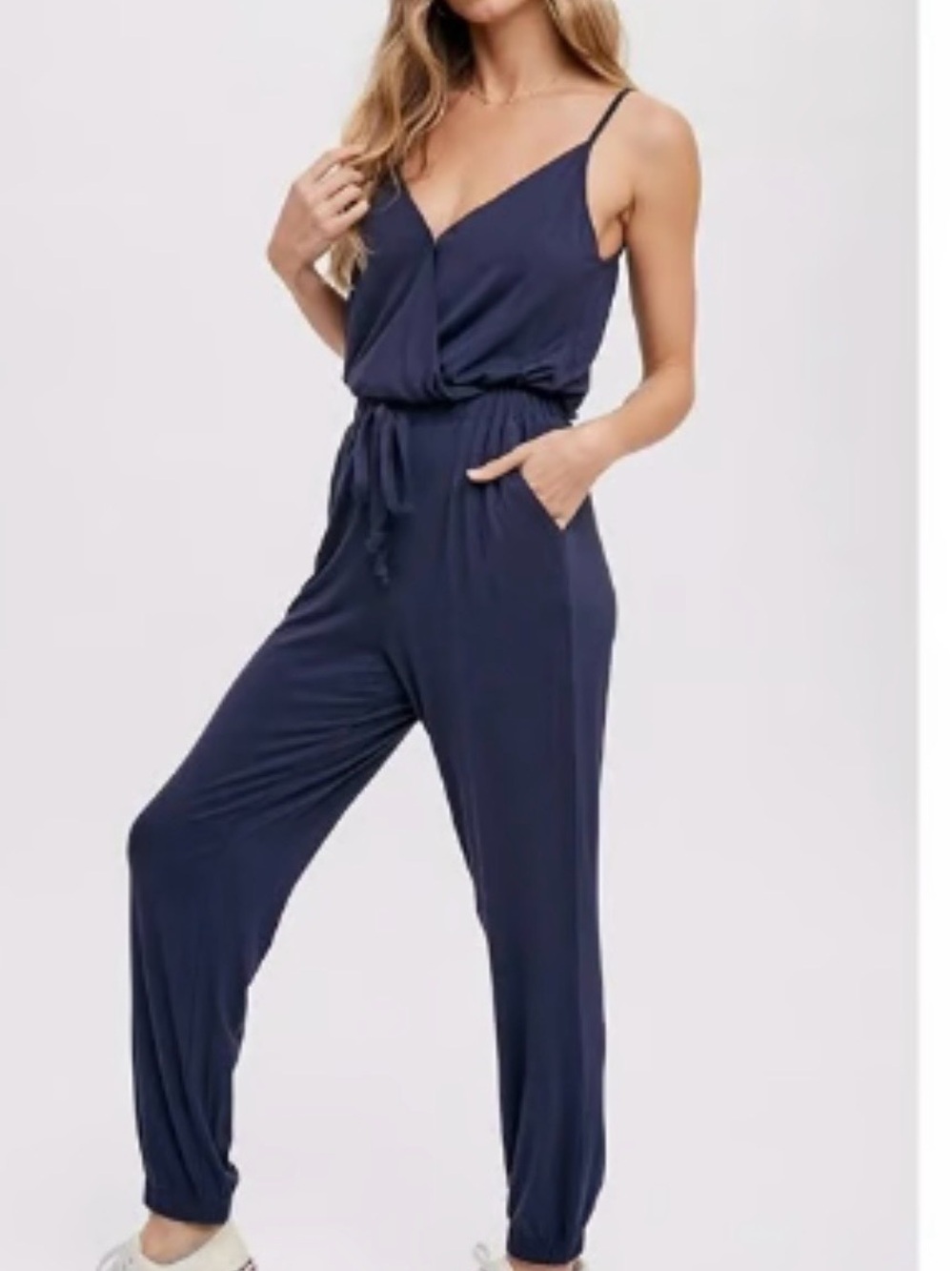 Bluivy Navy Spaghetti-Strap Drawstring Jumpsuit